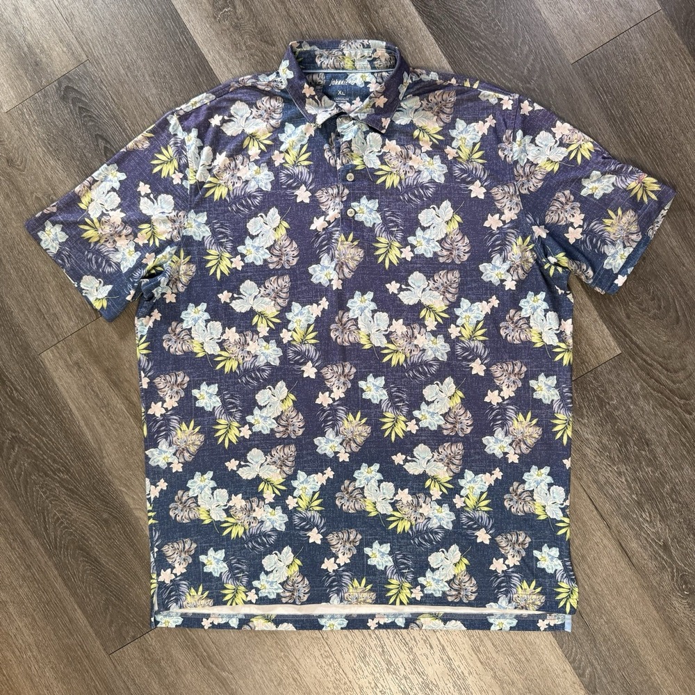 Johnnie-O Polo Shirt Mens 2XL Blue Floral Tropical Stretch Golf Knit Casual